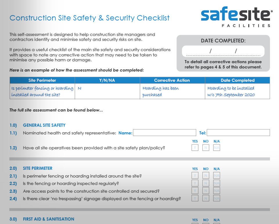 Construction site safety and security checklist covering perimeter controls, access points, and corrective actions