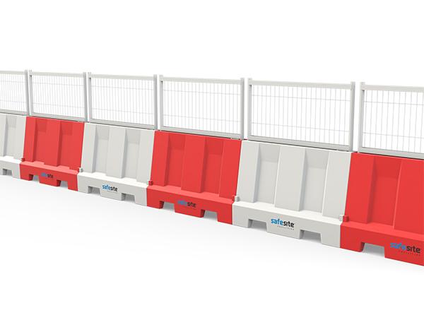 evo 80 line of barriers connected with pedestrian fencing