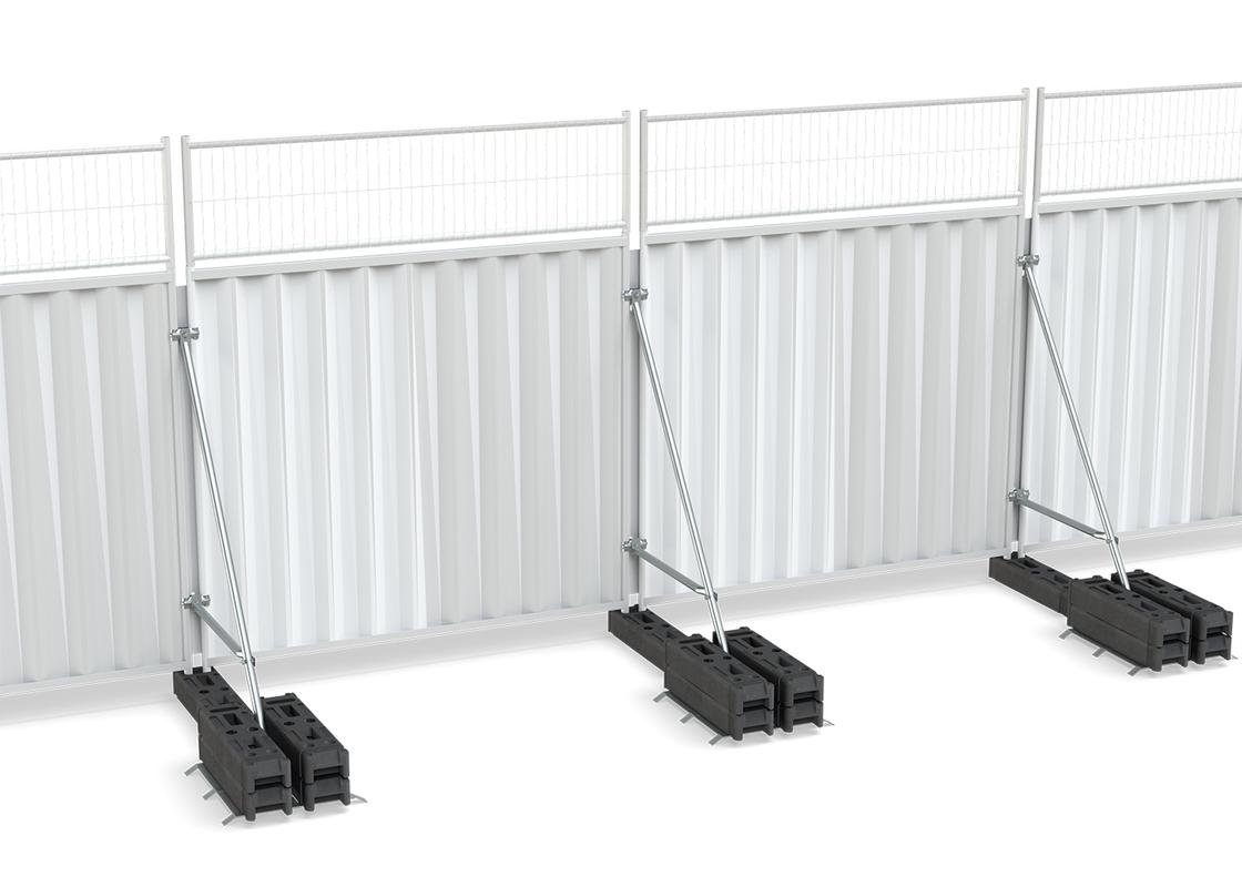 temporary steel hoarding with infill panels - white powder coated with mesh extension