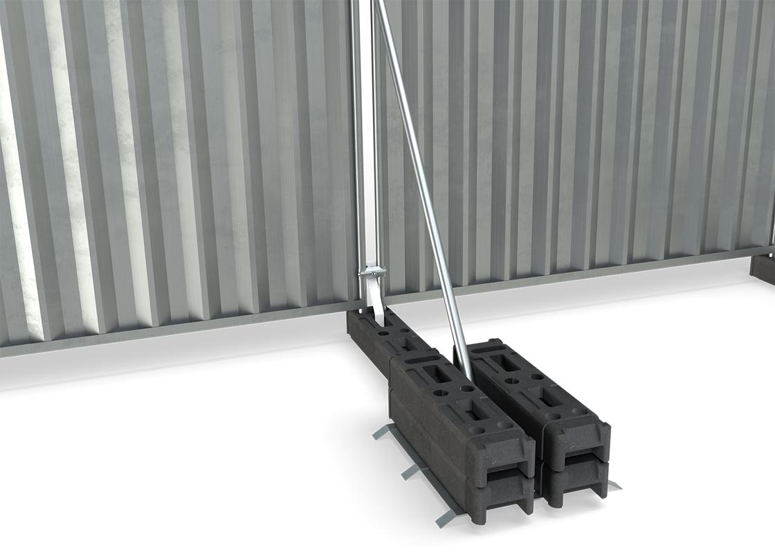 temporary steel hoarding - galvanised closeup of stabilisation with antilift bracket