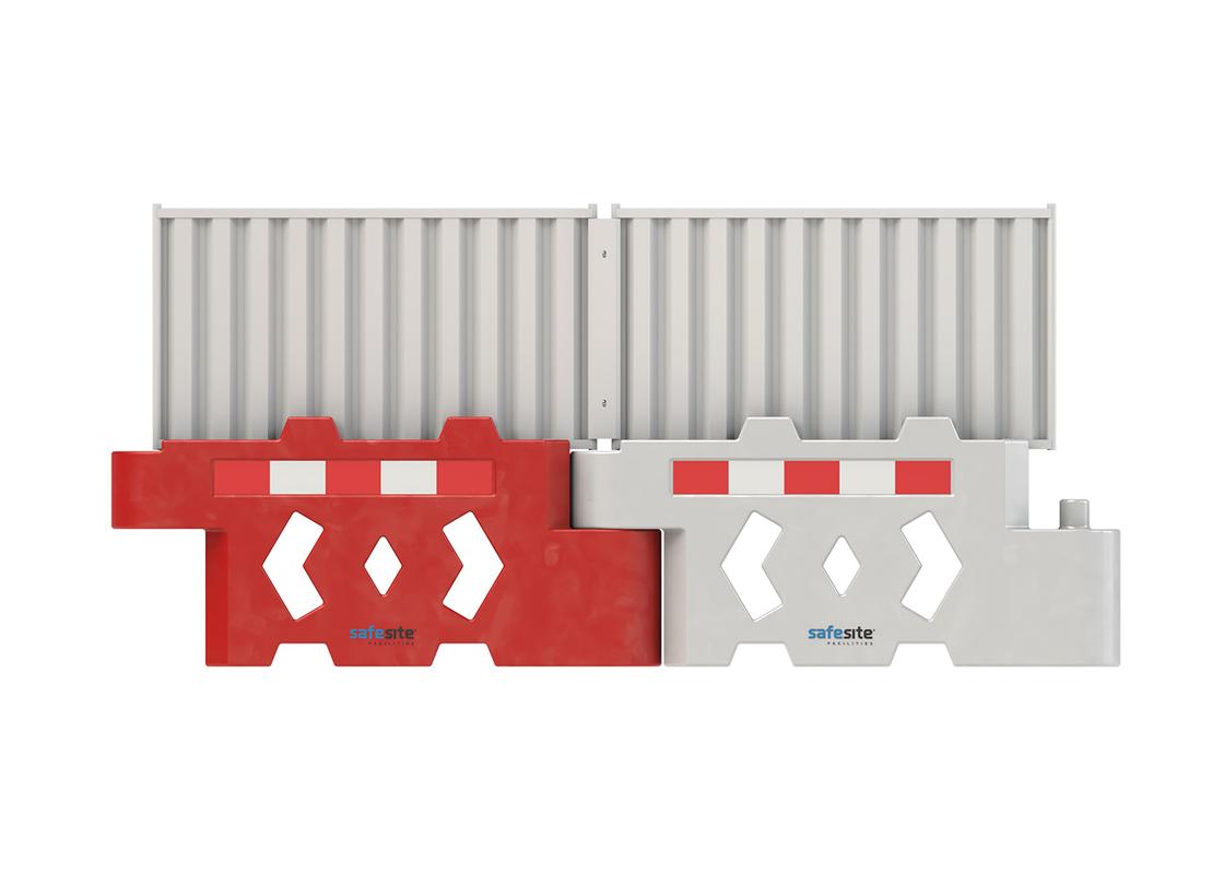 bison barriers connected with hoarding and infill panels straight on view of barriers