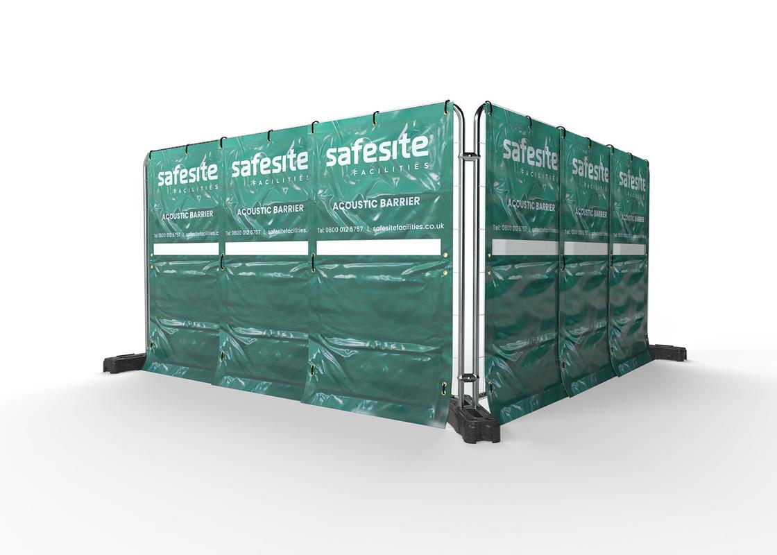 Acoustic barrier in line secured to temporary fencing