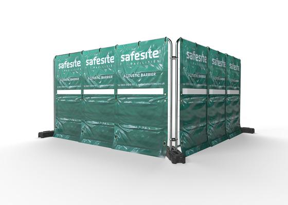 Acoustic barrier in line secured to temporary fencing