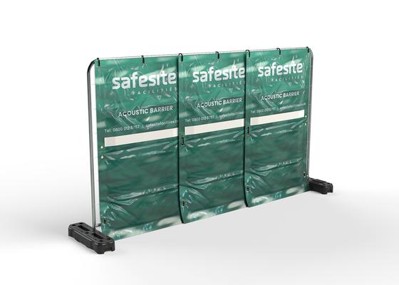 Acoustic barrier in line secured to temporary fencing