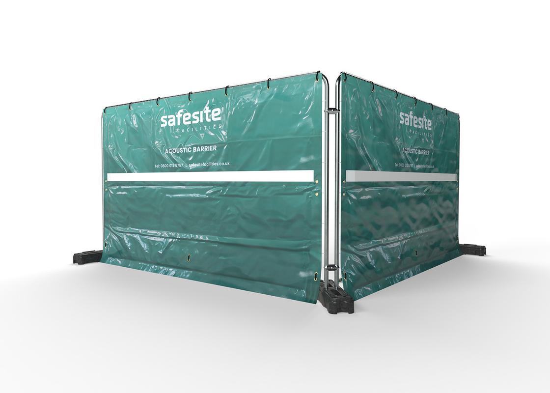 Acoustic barrier in line secured to temporary fencing