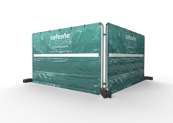 Acoustic barrier in line secured to temporary fencing