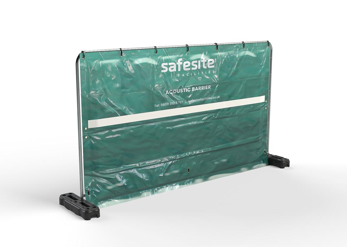 Acoustic barrier in line secured to temporary fencing