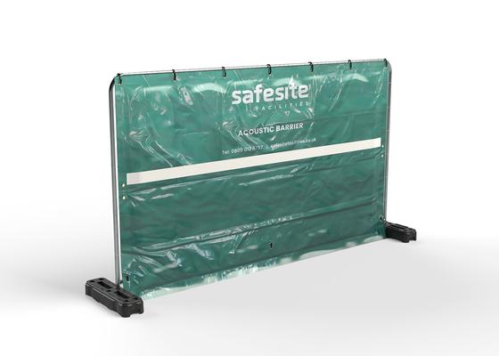 Acoustic barrier in line secured to temporary fencing