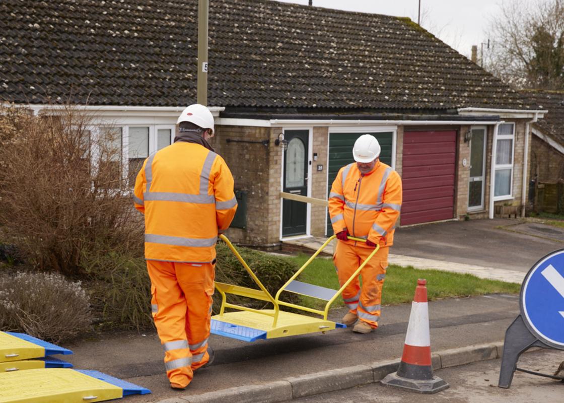 GRP Road Plate Lifting Handles being used to manoeuvre road plates
