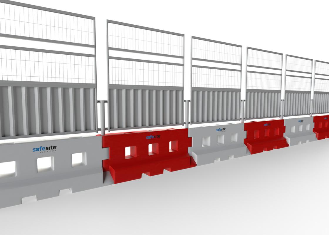 Line of GB2 water filled barriers with half mesh and half hoarding fencing with a mesh extension from the reverse side