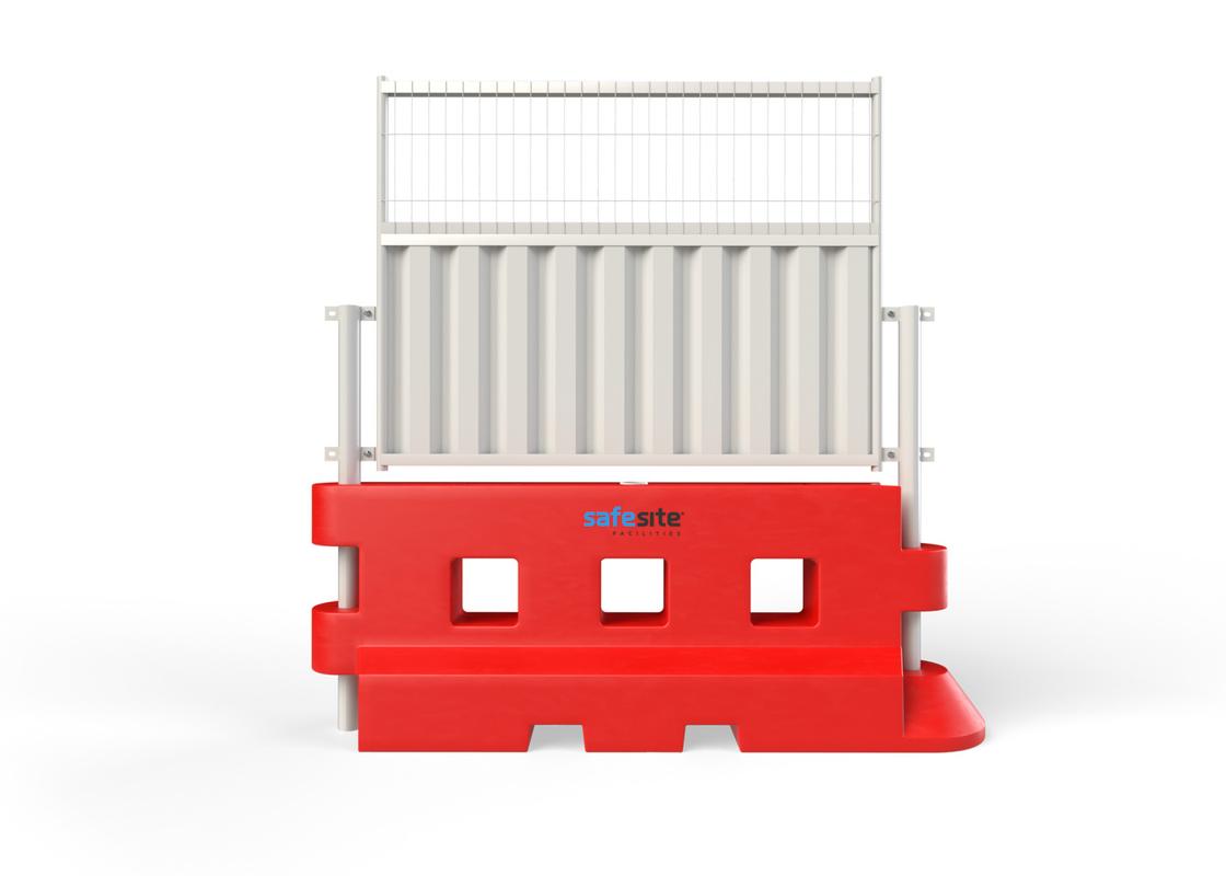 Single of GB2 water filled barriers with half mesh and half hoarding fencing. Flat on view