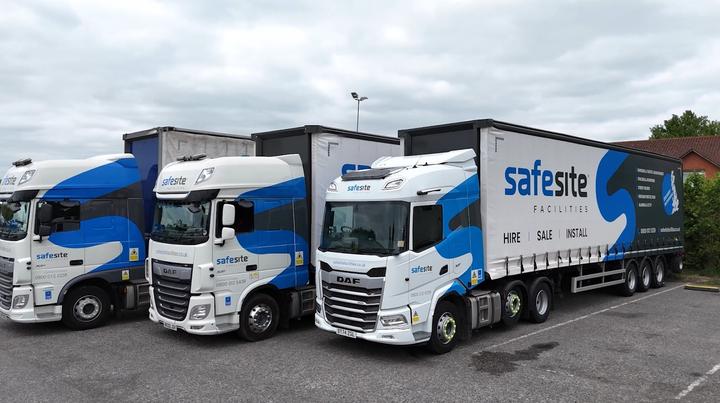 SafeSite artic vehicles all lined up on site