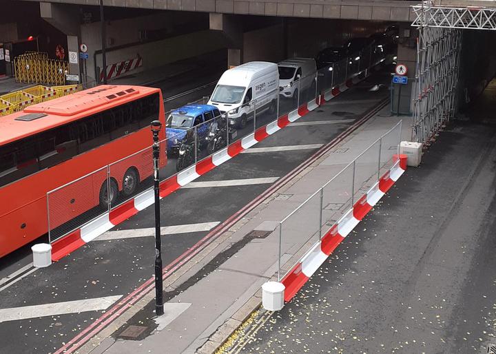 manta barriers installed with fencing on street works road area