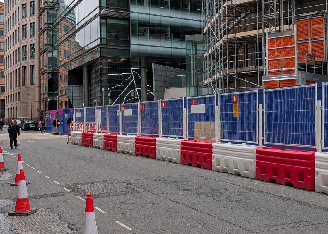 rb22 barriers set up in london with mesh fencing