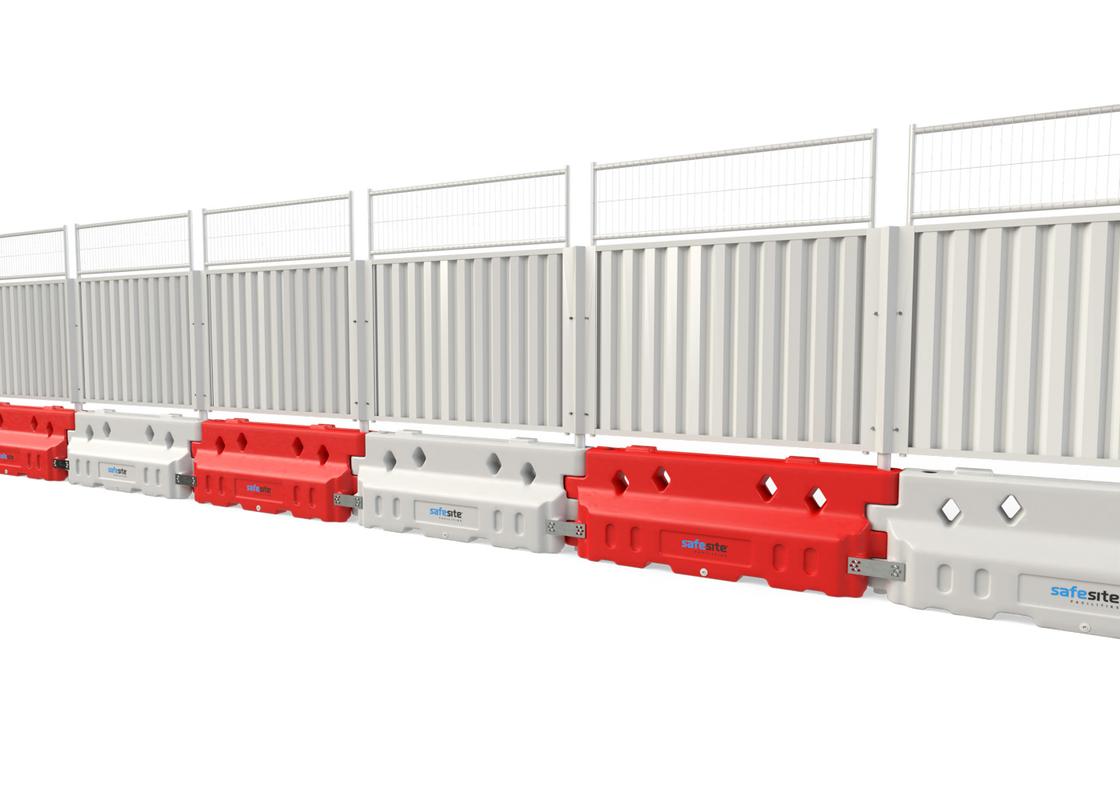 Defender 50 barrier with hoarding panels and mesh extension panels