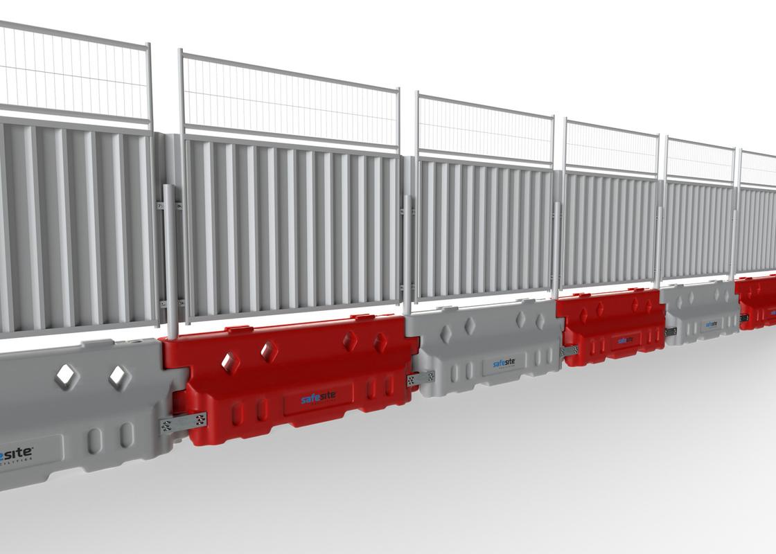 Defender 50 barrier with hoarding panels and mesh extension panels