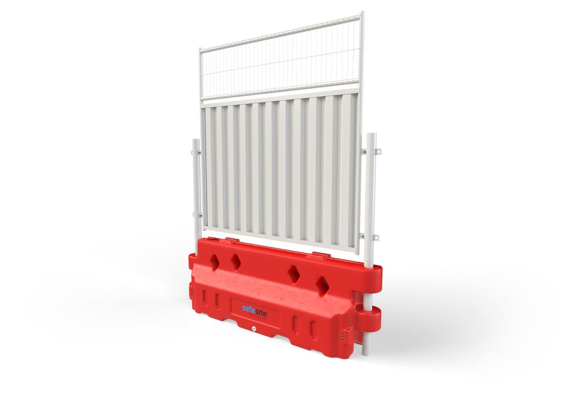 Defender 50 barrier with hoarding panel and mesh extension panel