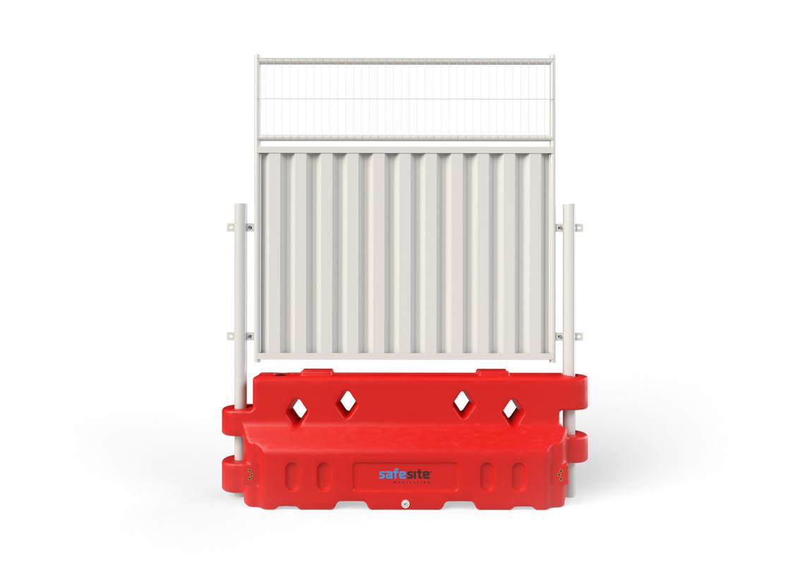 Defender 50 barrier with hoarding panel and mesh extension panel