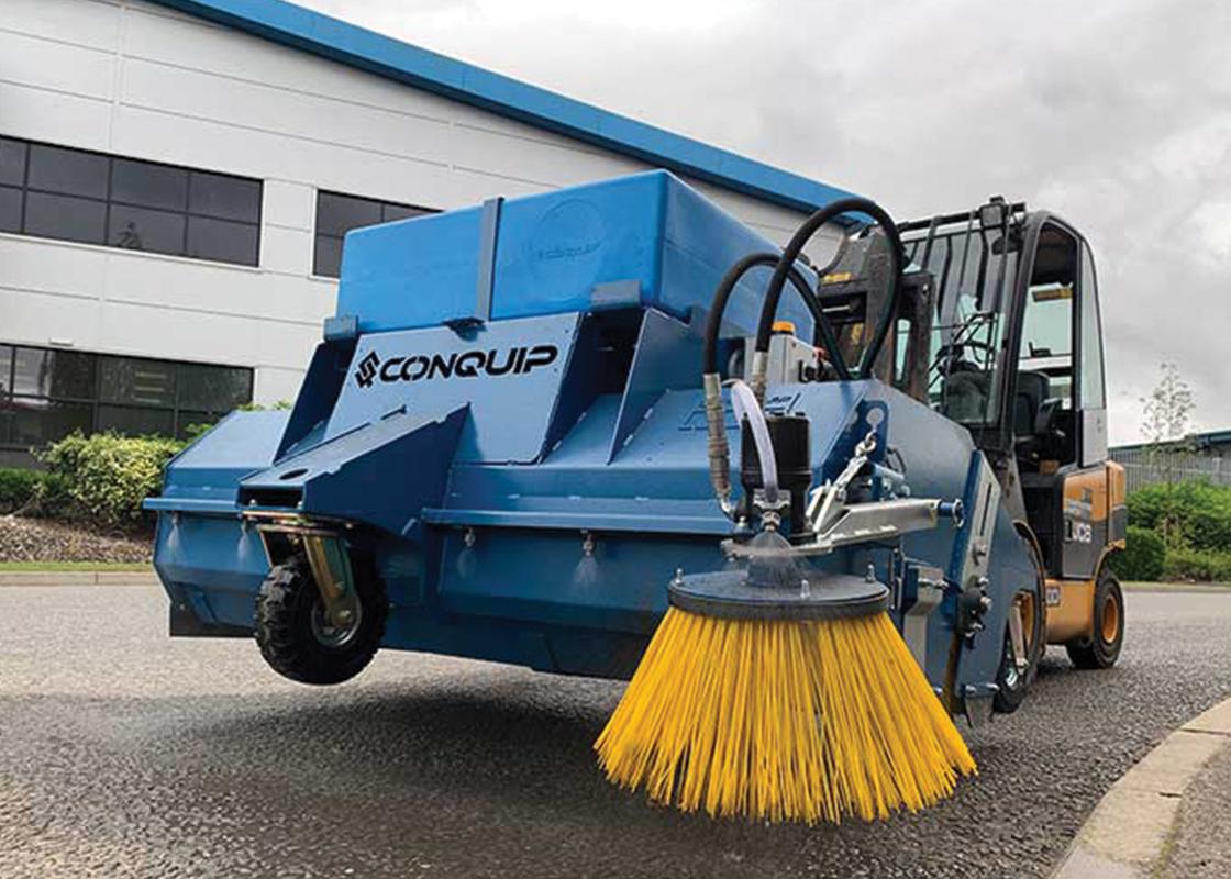 powerbrush forklift sweeper - with additional kerb brush attachment - on site