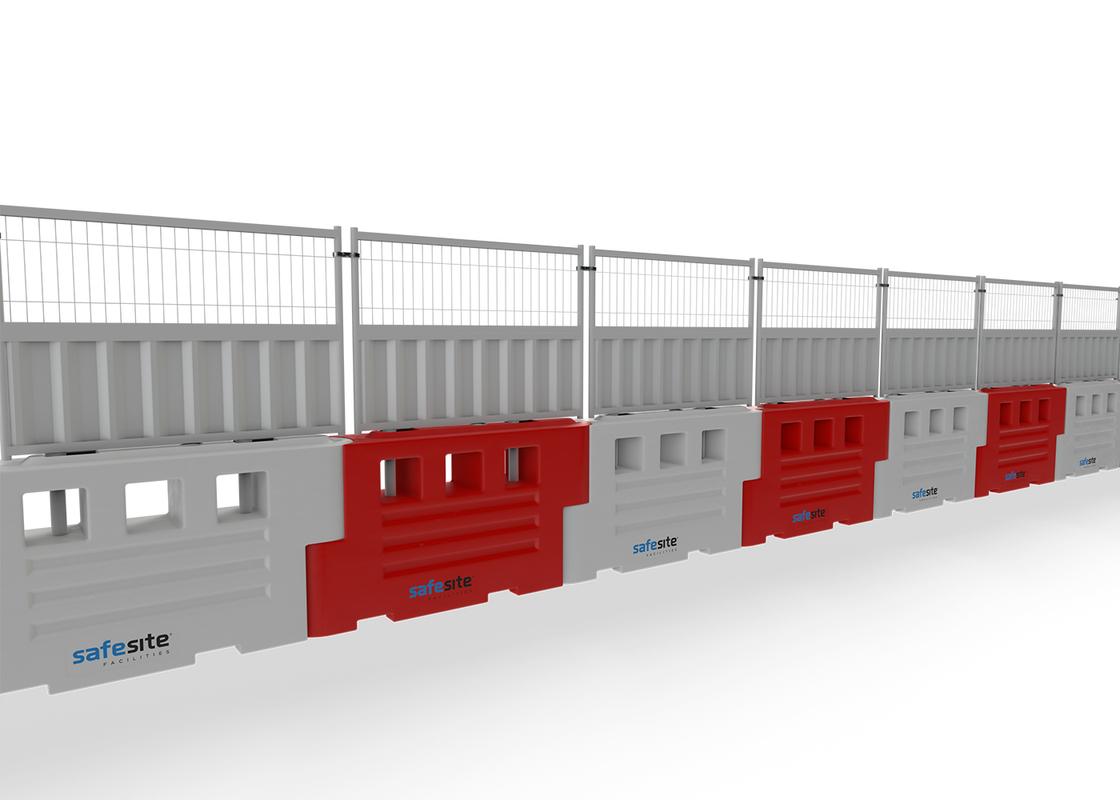rb2000 barriers attached half hoarding and half mesh in a line
