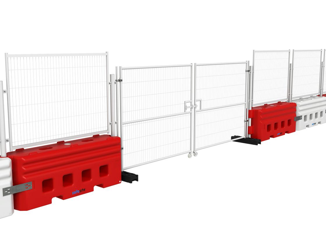 anti climb 4m vehicle gate white with water filled rb22 barriers