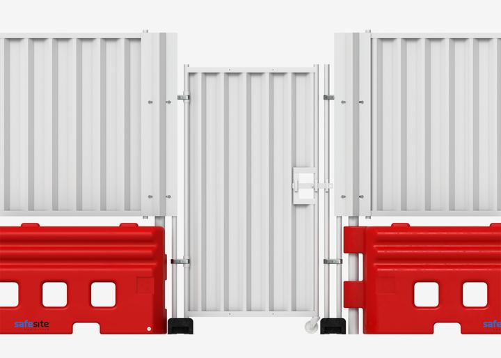 pedestrian hoarding gate with hoarding and rb22 water filled barrier system