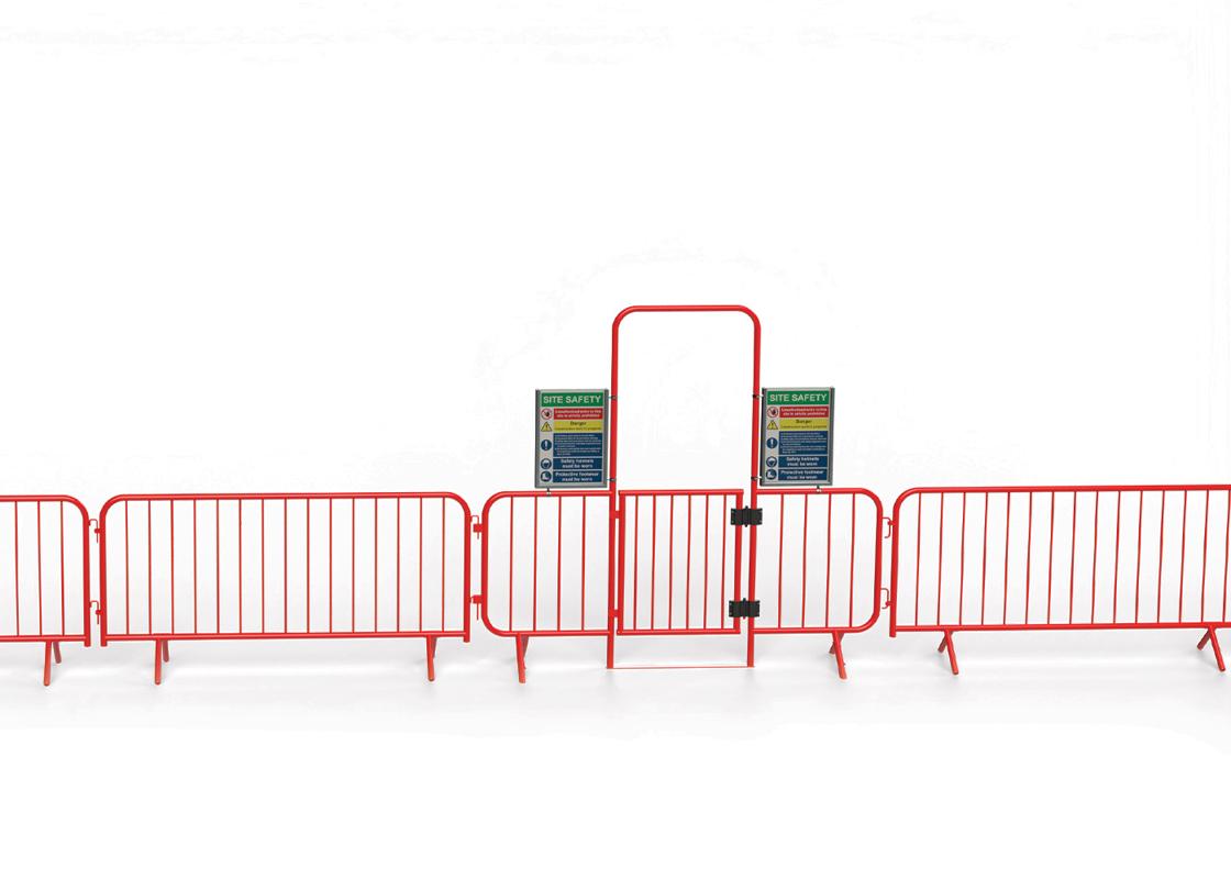 walkthrough barrier sign holder attached with walkthrough barrier and a line of pedestrian 2.3m barriers
