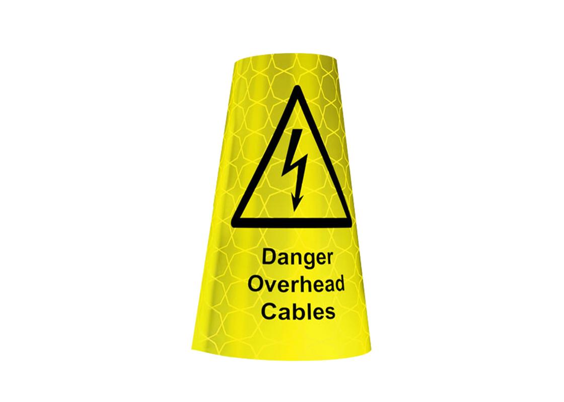danger overhead cables traffic cone hi-vis yellow sleeve