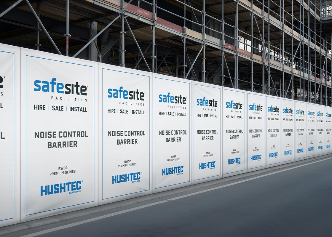 Hushtec Acoustic Barrier 1.2m x 2m - Premium Series around a scaffolding works site