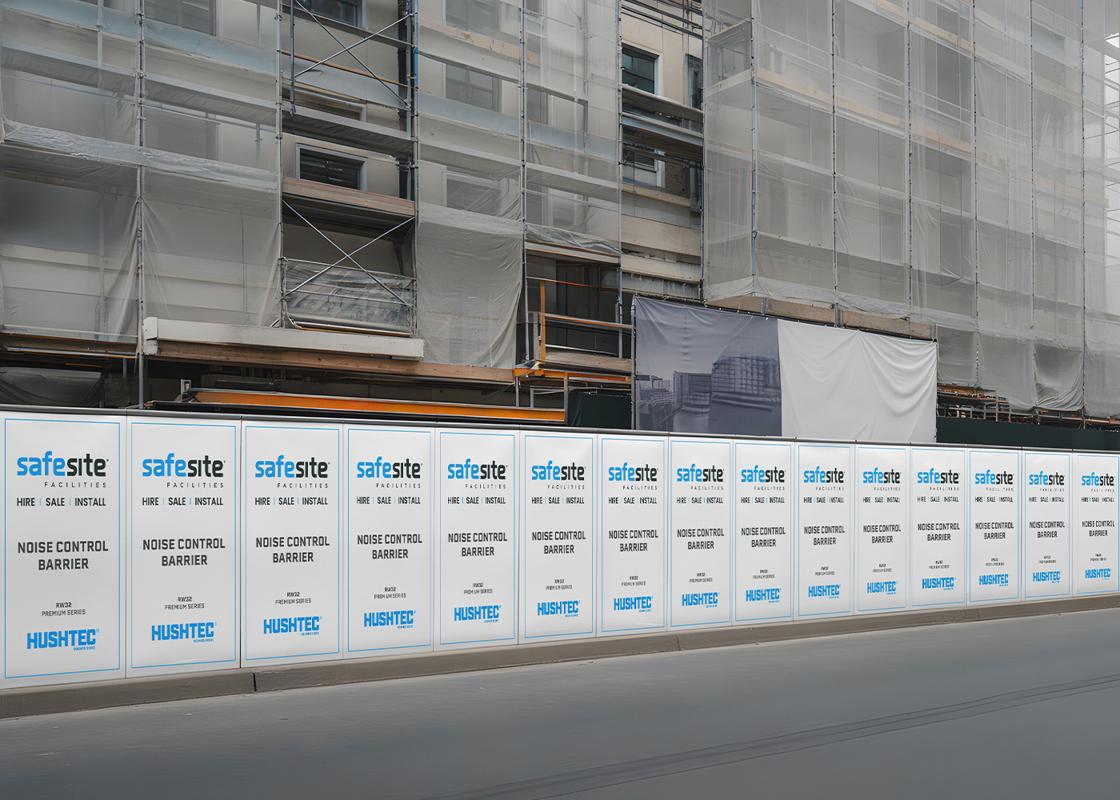 Hushtec Acoustic Barrier 1.2m x 2m - Premium Series around a scaffolding works site