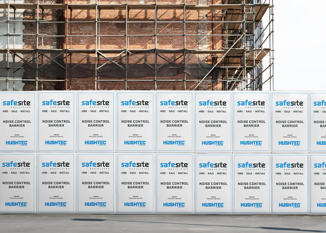 Hushtec Acoustic Barrier 1.2m x 2m - Premium Series around a scaffolding works site